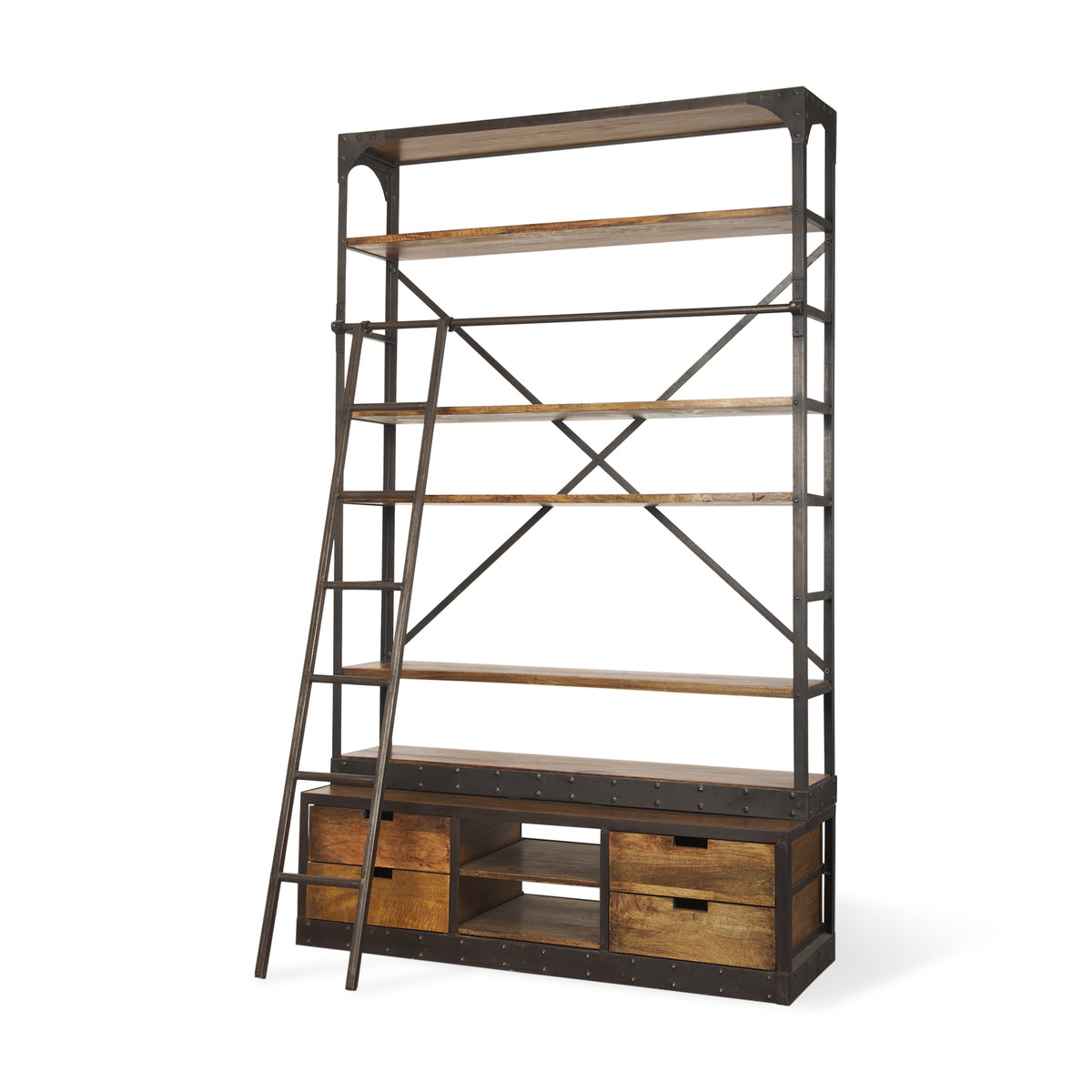 Brodie Wide Bookcase Natural Wood w/ Black Iron Frame