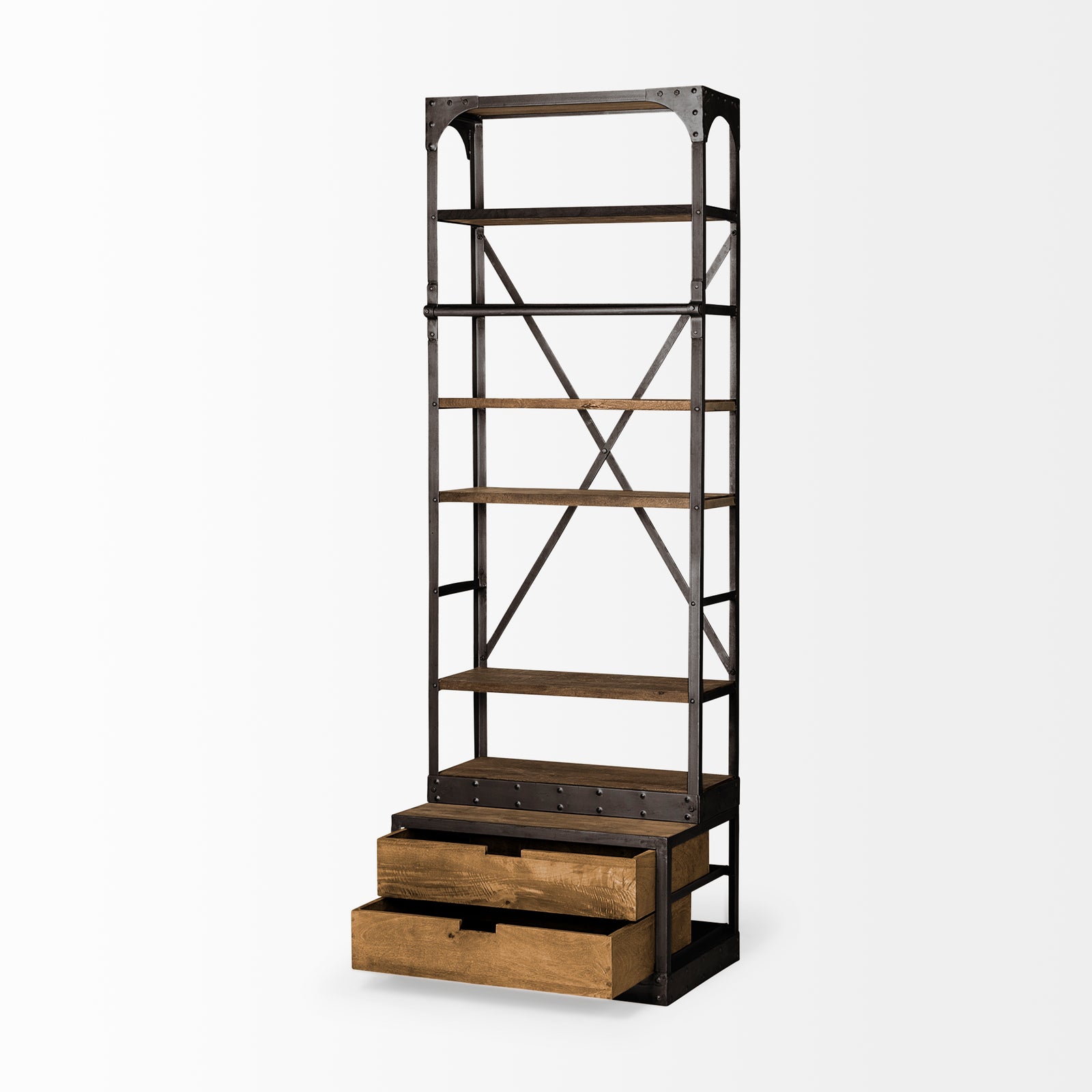 Brodie Narrow Bookcase | Natural Wood w/ Black Iron Frame