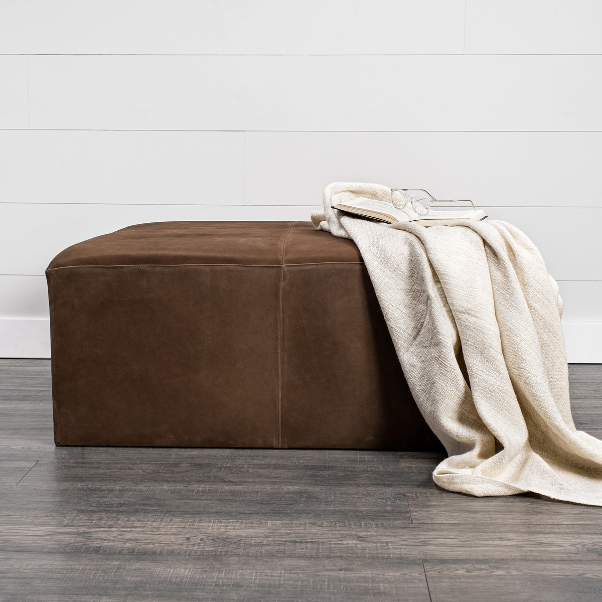 Minara Leather Ottoman | Coffee Table- Brown Leather