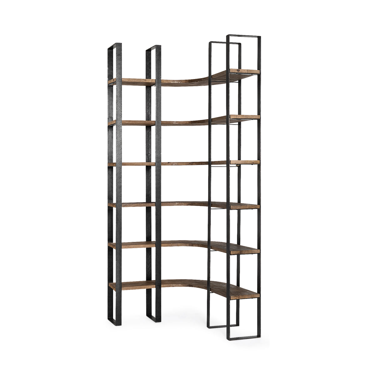 Turner Curved Corner Bookcase- Brown Wood &amp; Black Iron