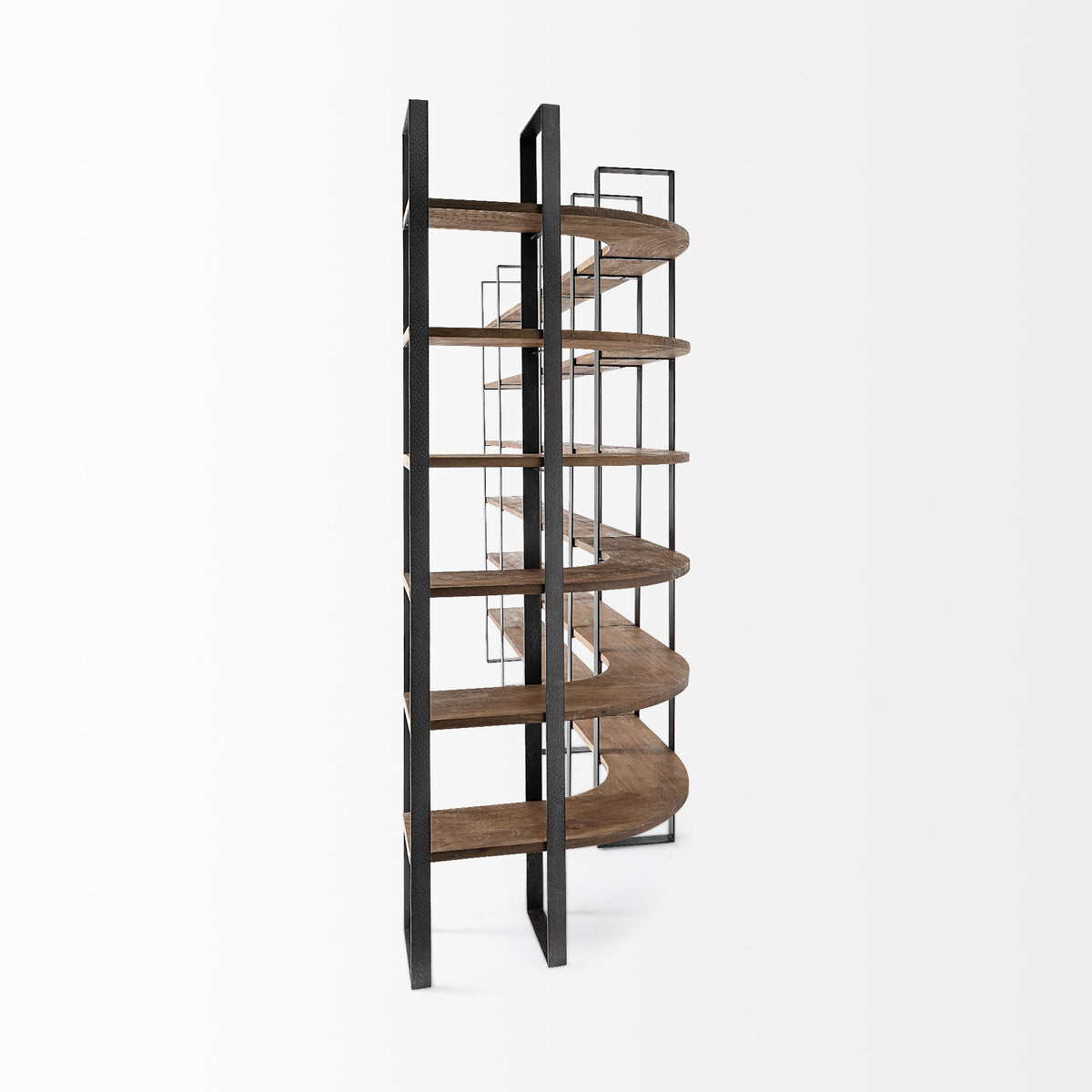 Turner Curved Corner Bookcase- Brown Wood &amp; Black Iron