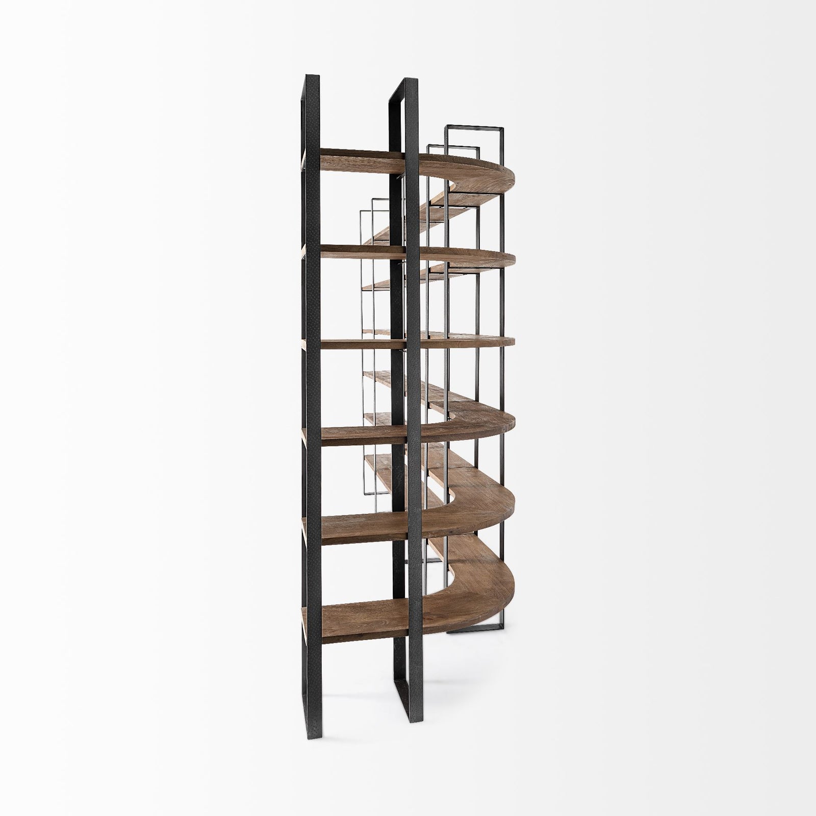 Turner Curved Corner Bookcase- Brown Wood & Black Iron