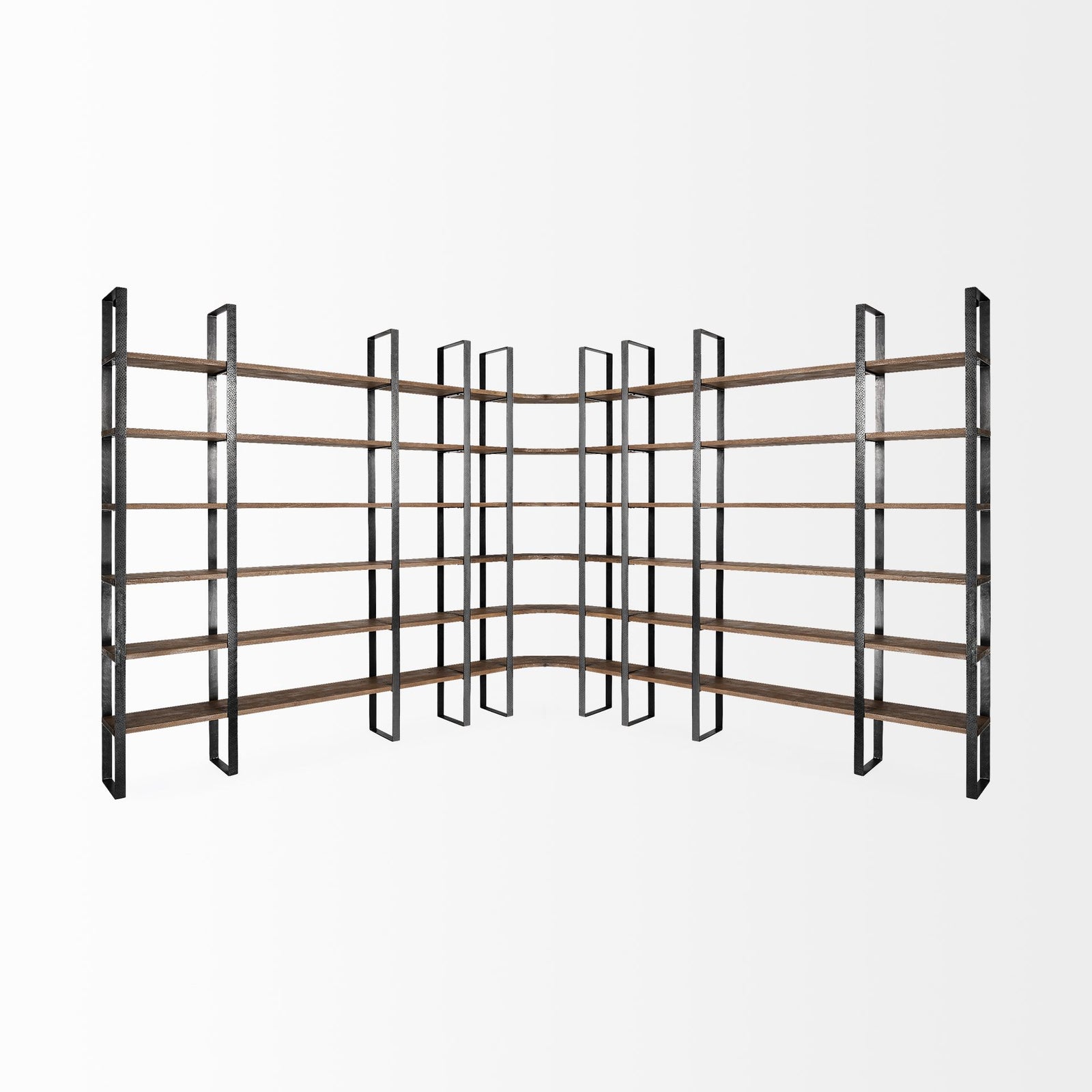 Turner Curved Corner Bookcase- Brown Wood & Black Iron