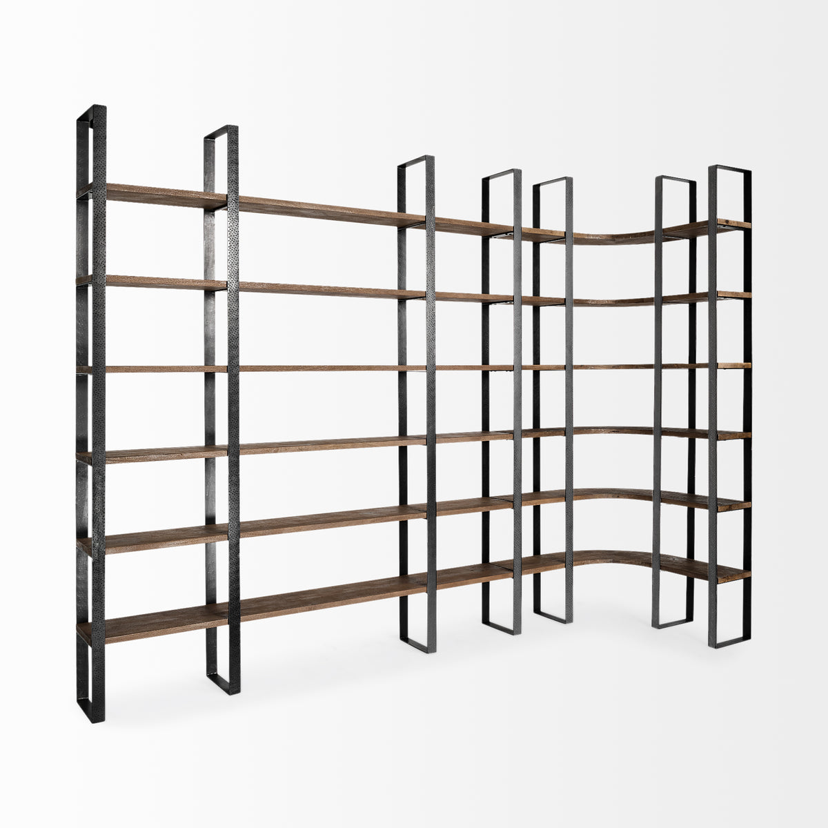 Turner Curved Corner Bookcase- Brown Wood &amp; Black Iron