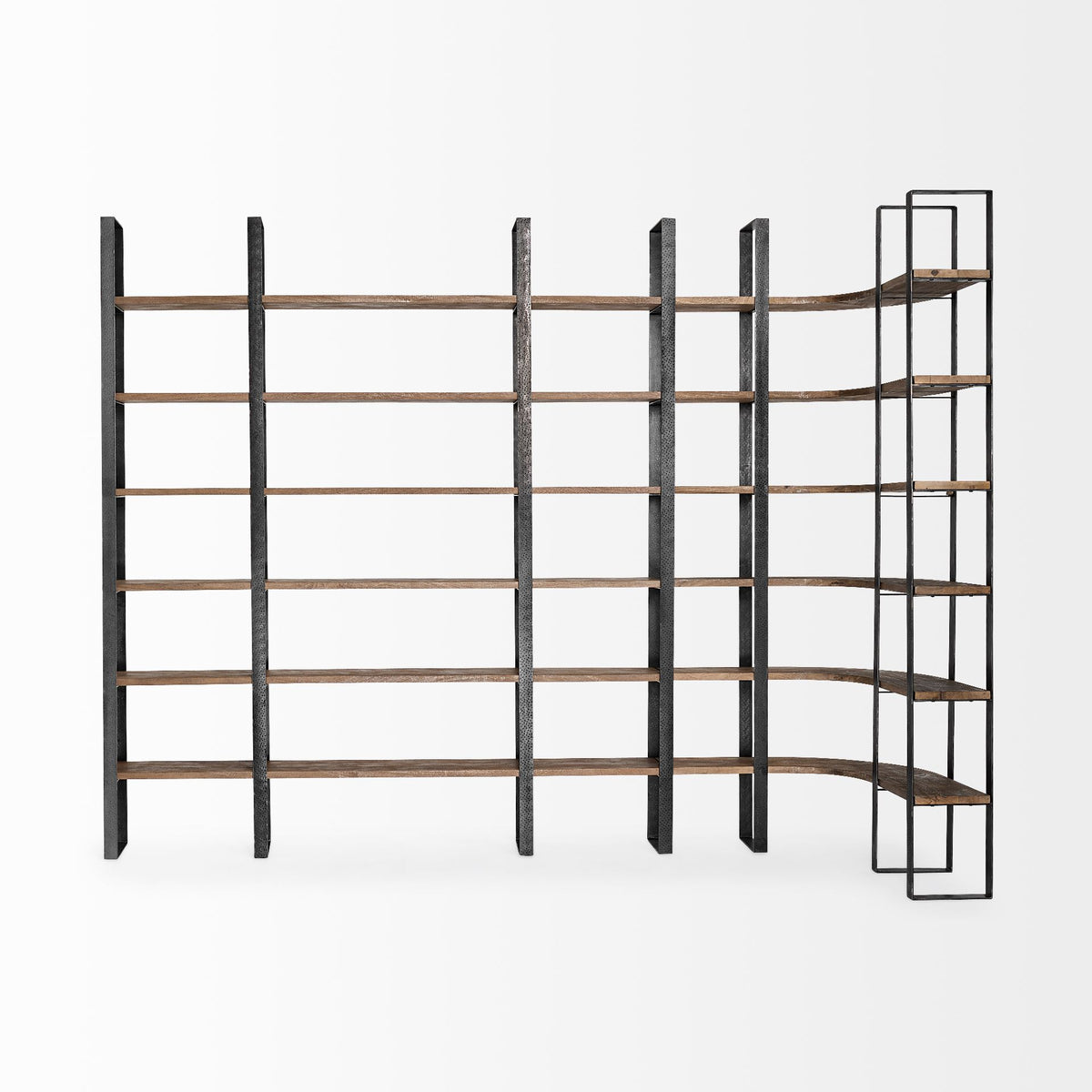 Turner Curved Corner Bookcase- Brown Wood &amp; Black Iron