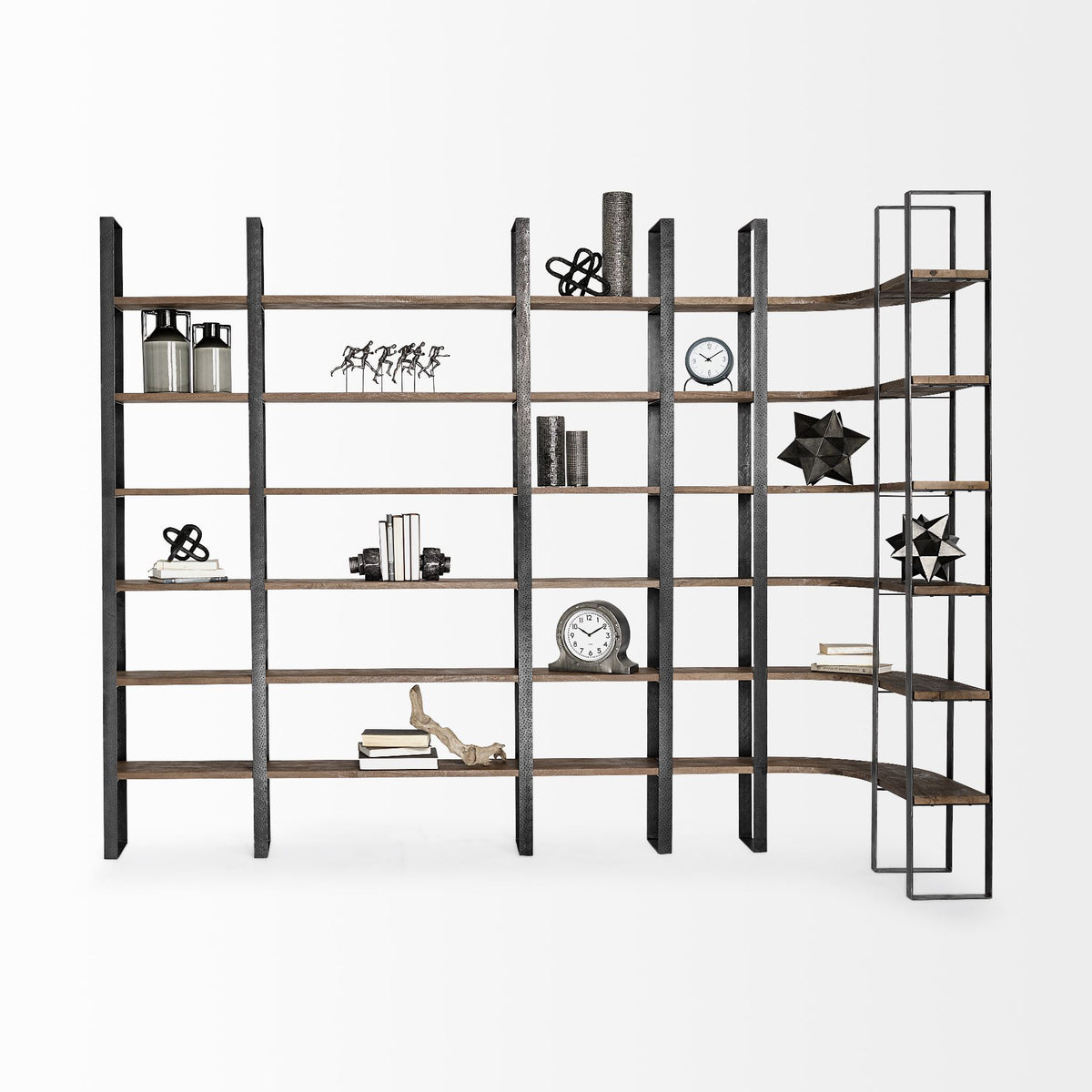 Turner Curved Corner Bookcase- Brown Wood &amp; Black Iron