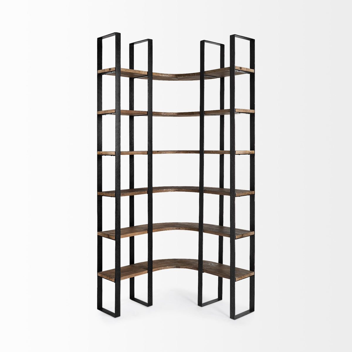 Turner Curved Corner Bookcase- Brown Wood &amp; Black Iron