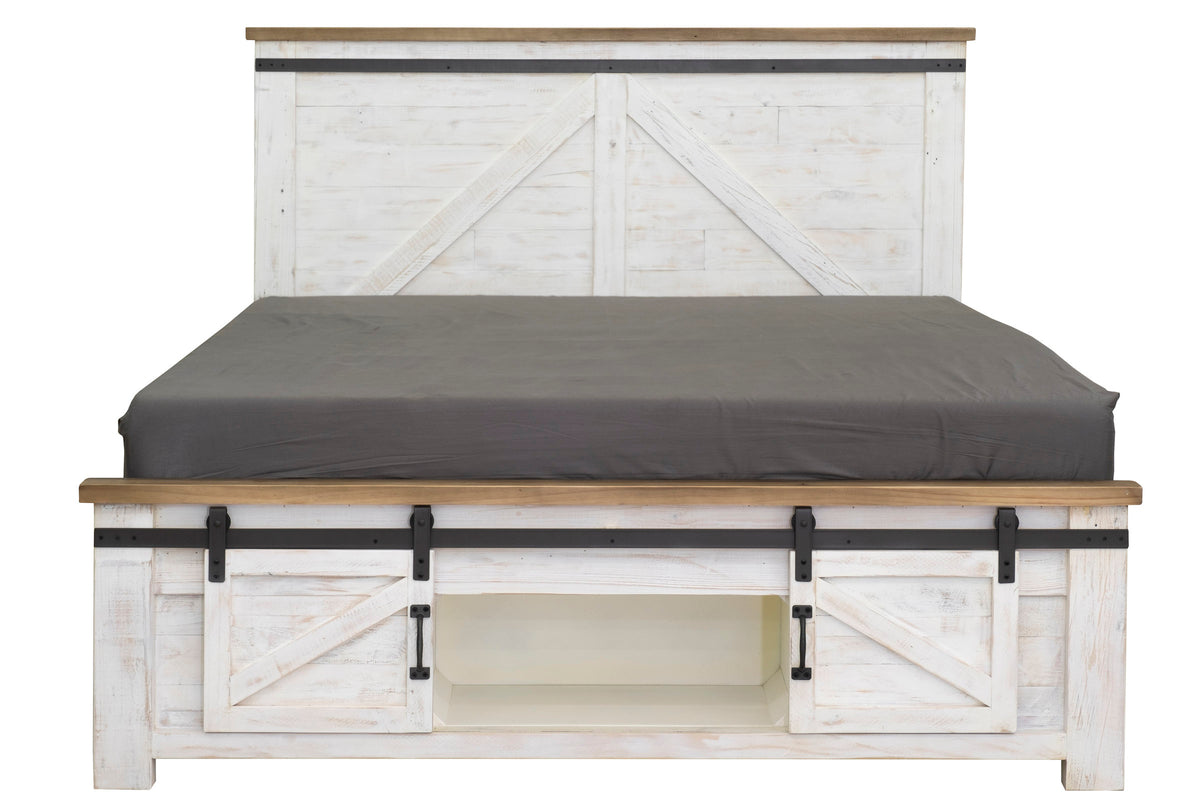 LH Imports Provence Queen Bed. Solid reclaimed pine with antique white finish. Rustic black iron hardware and accents. 2 sliding doors with storage cubbie (56"w x 12"d x 8"h). Modern farmhouse style. 