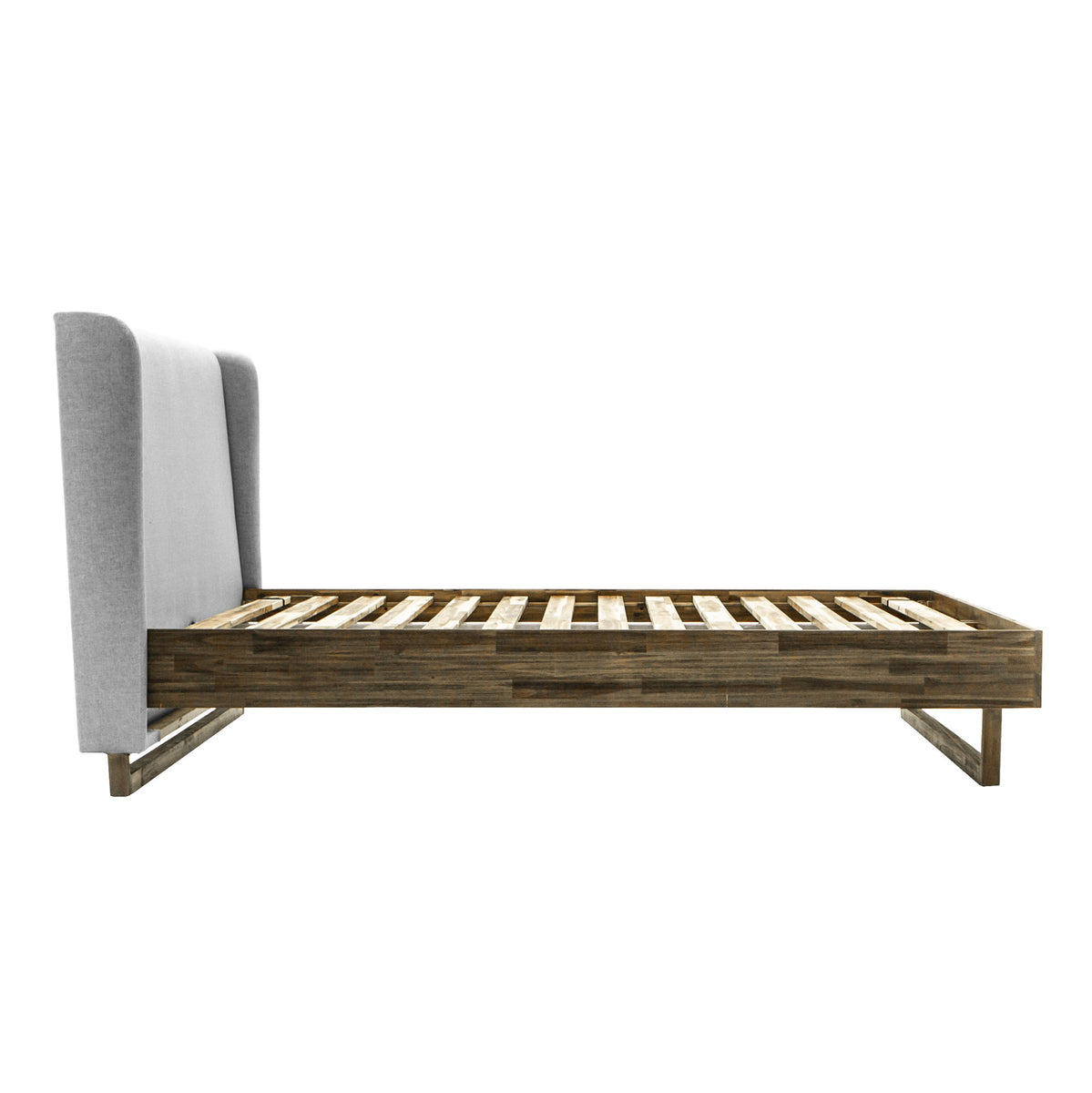 LH Imports Aura Bed. Solid acacia wood frame and legs. Greige linen look polyester fabric headboard. Solid wood slats no-boxspring required. Transitional style. 